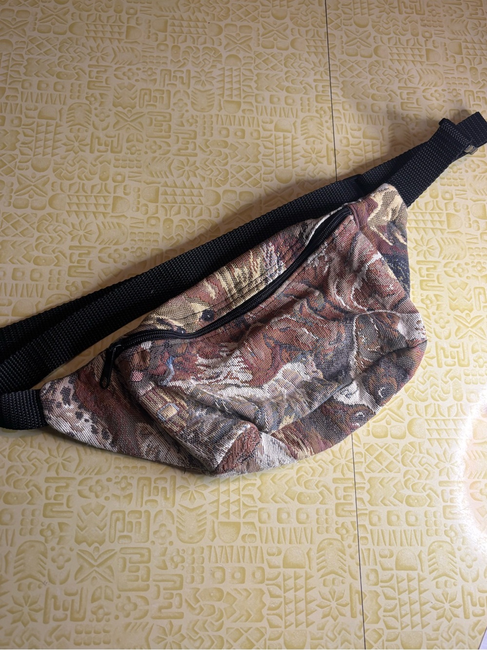 Vintage Dog Tapestry Waist Bag with Black Strap
